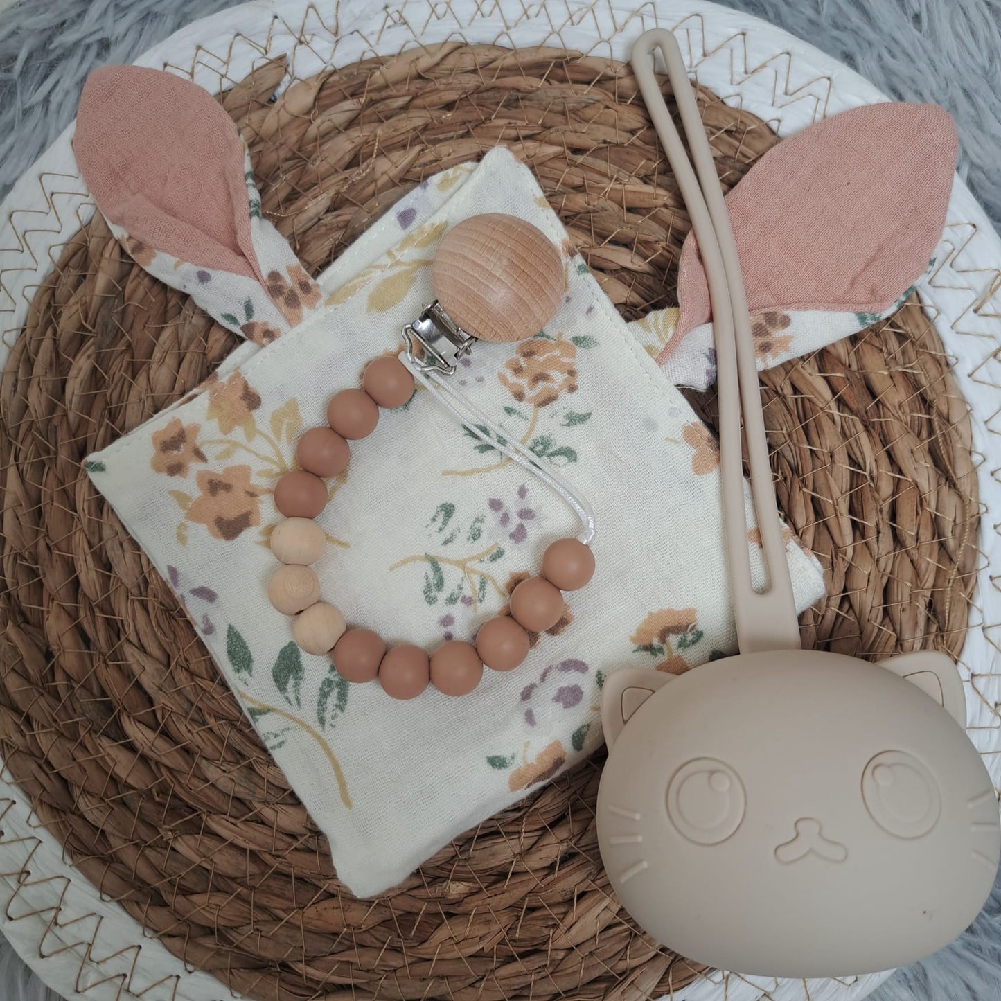 Pack muselina + chupetero + portachupete, gato